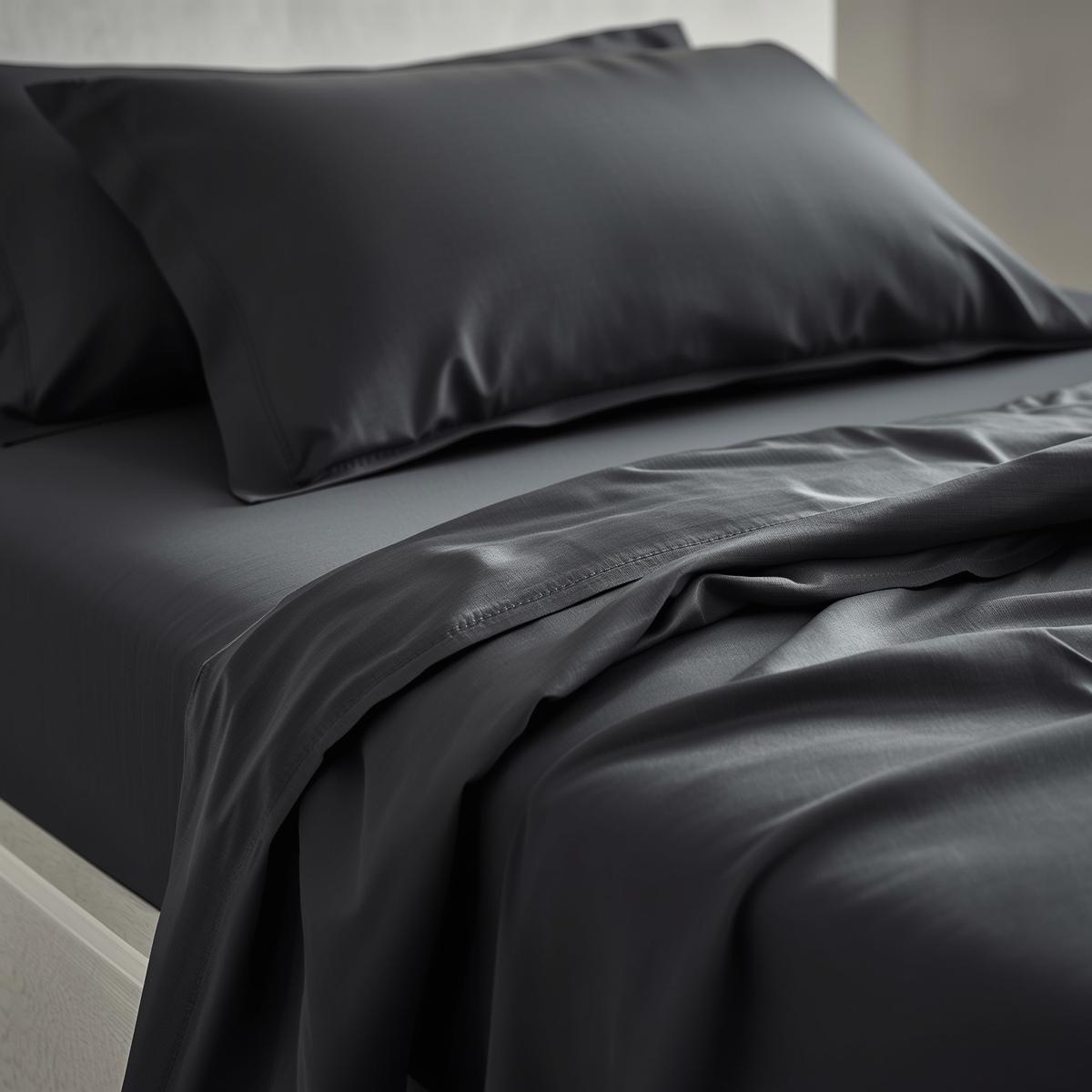 Dark gray bedding set with pillows on a bed.